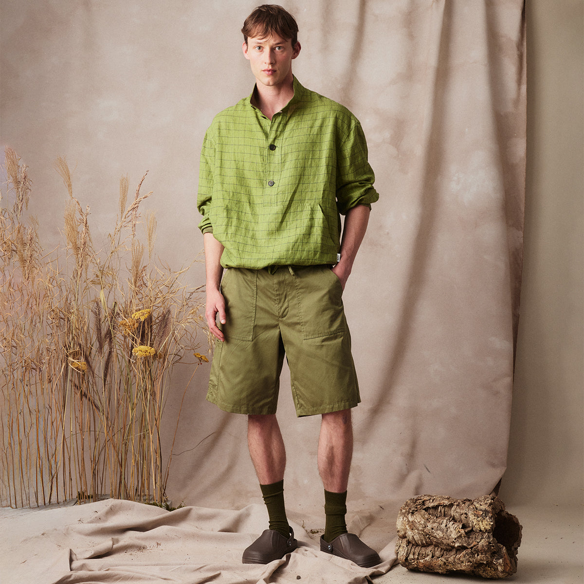 Anorak in Spring Green Checked Linen with Contrasting Details in Cotton Twill