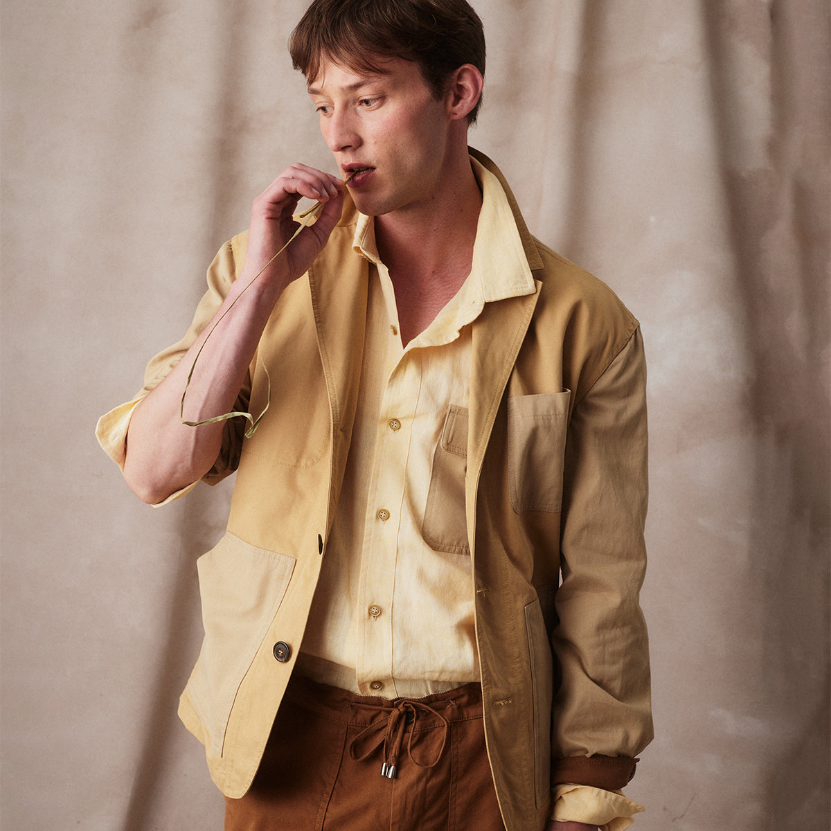Wheat Linen Shirt with Patch Pocket in Cotton Drill