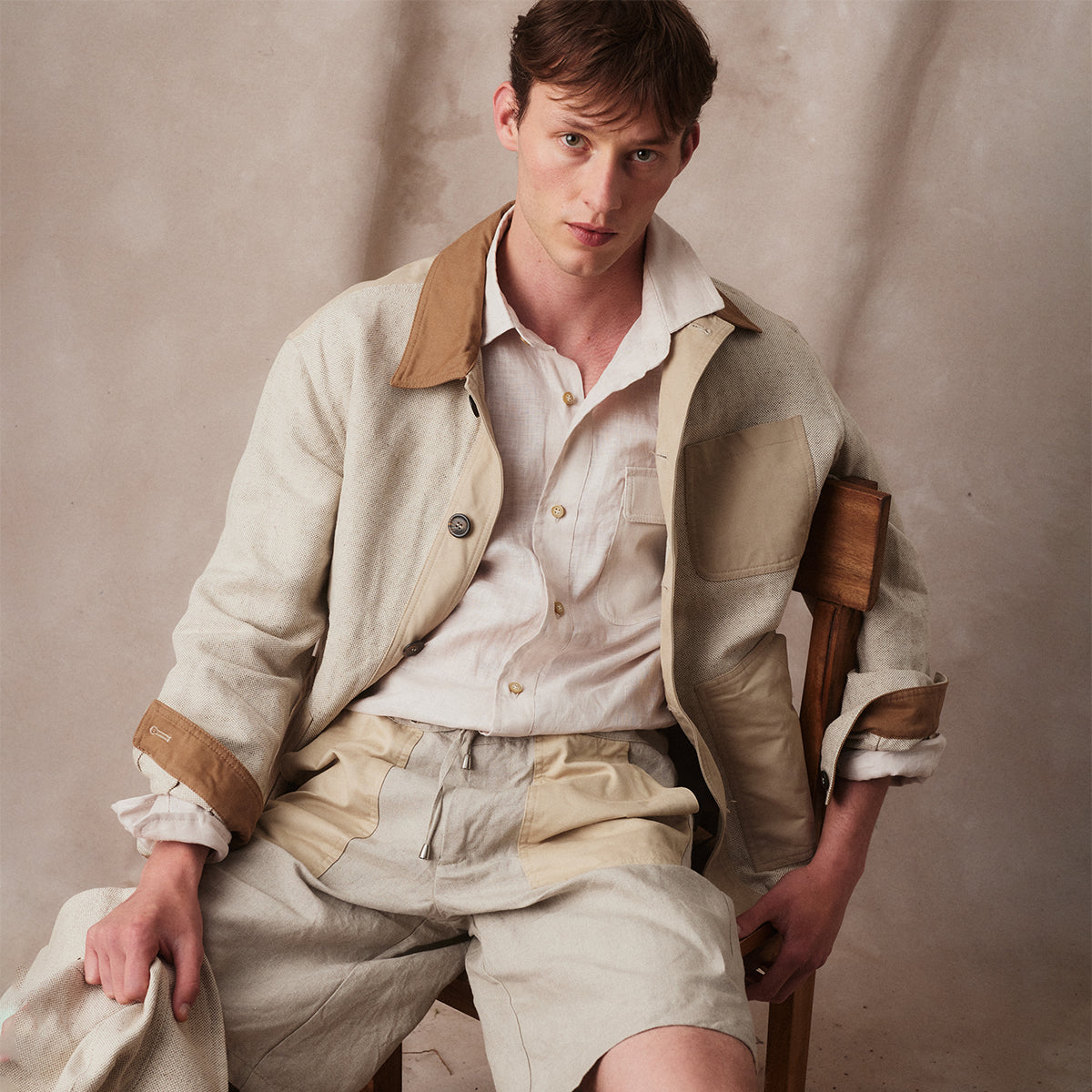 Garden Jacket in Oatmeal Linen and Cotton Canvas with Stone and Taupe Details