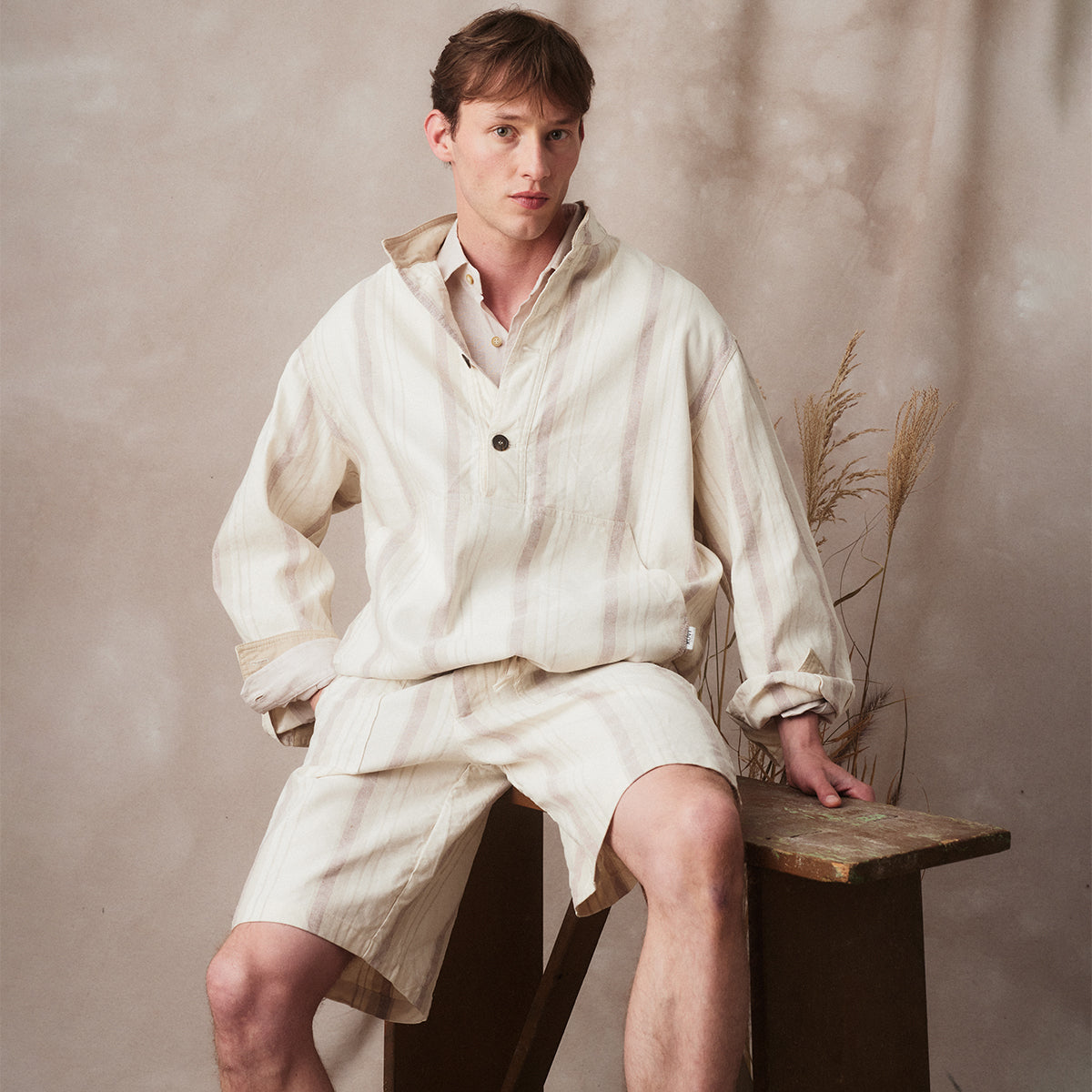Striped Anorak in Cotton and Linen with Utility Pocket and Drawstring Waist