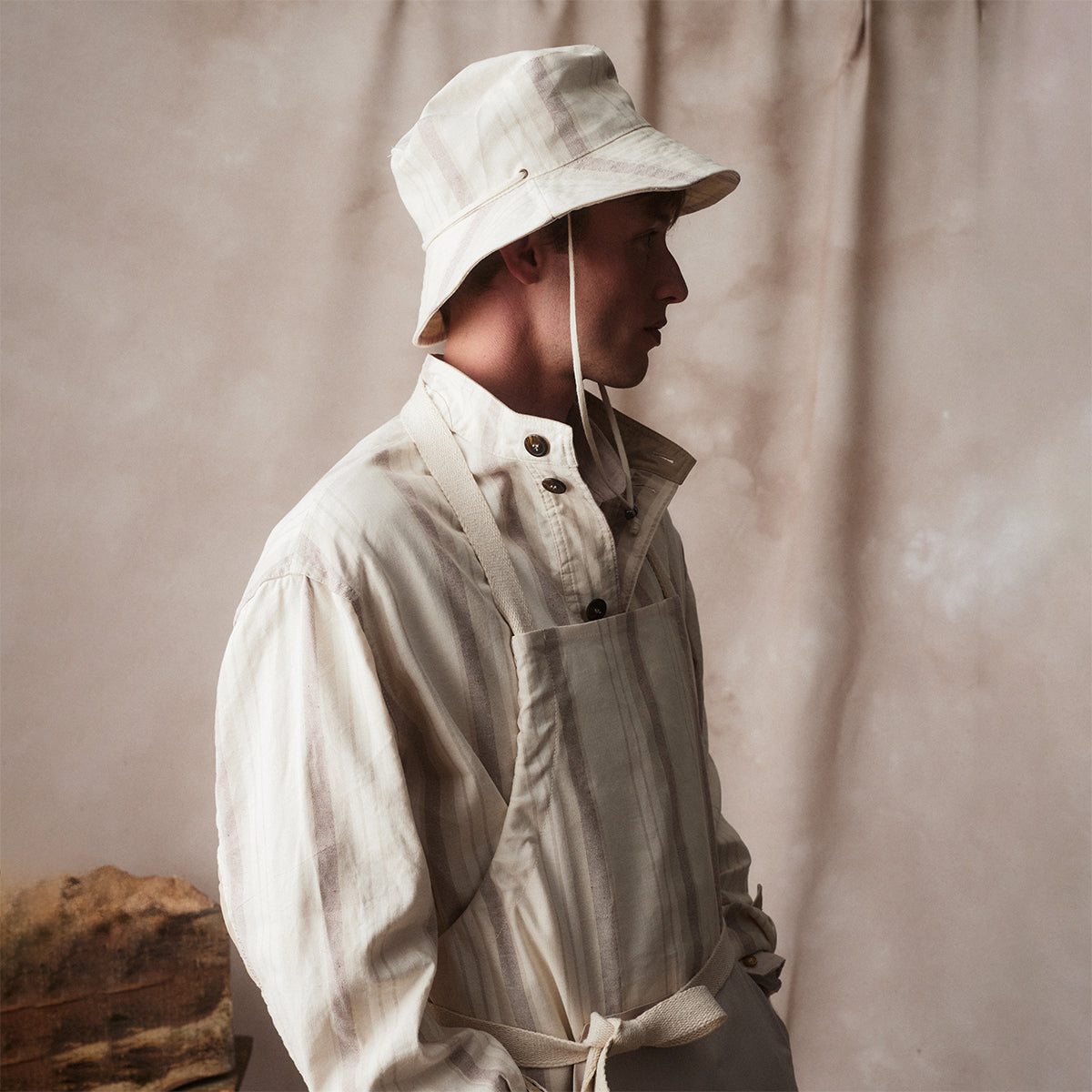 Striped Cotton-Linen Set: Bucket Hat, Anorak & Garden Apron