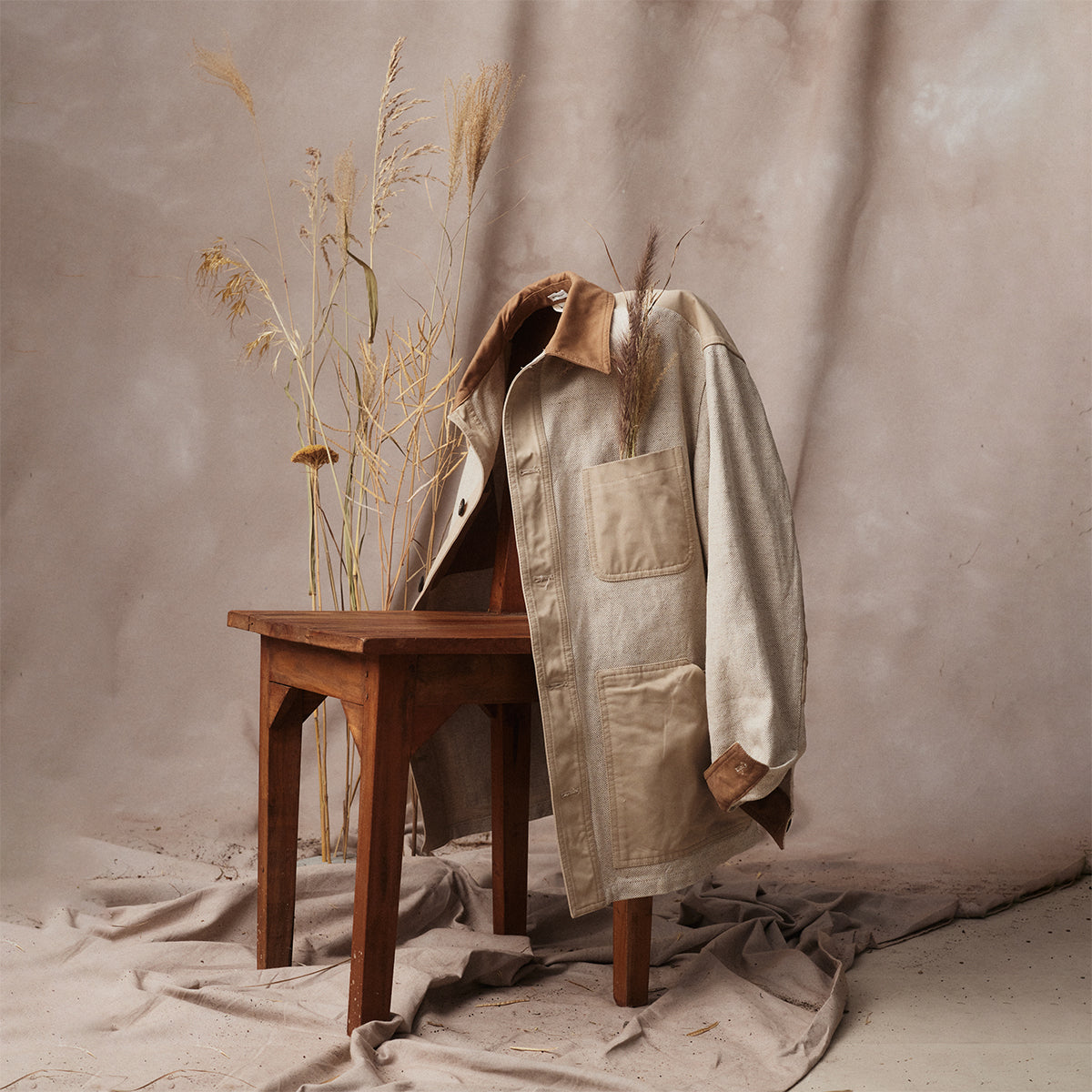Garden Jacket in Oatmeal Linen and Cotton Canvas with Stone and Taupe Details