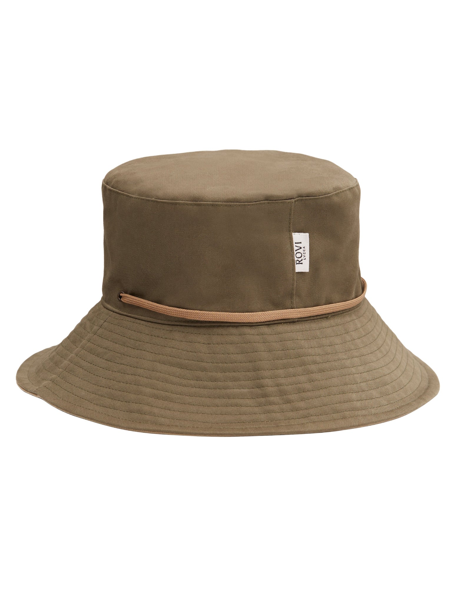 Front view of bucket hat in lovat green and beige cotton twill, still life