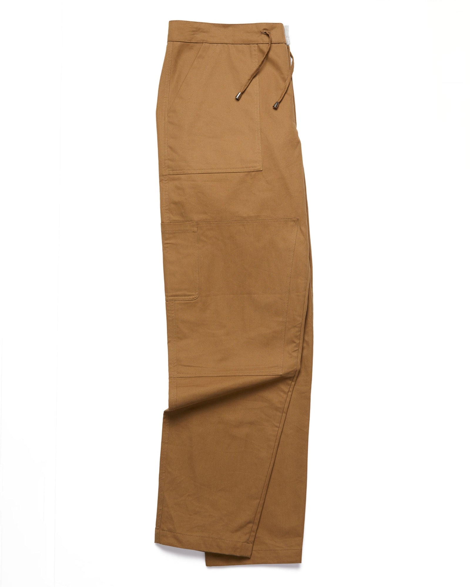 Full-length view of Drab Garden Pants in 100% cotton twill with utility pockets, drawstring waist, and button-zip closure on neutral background.
