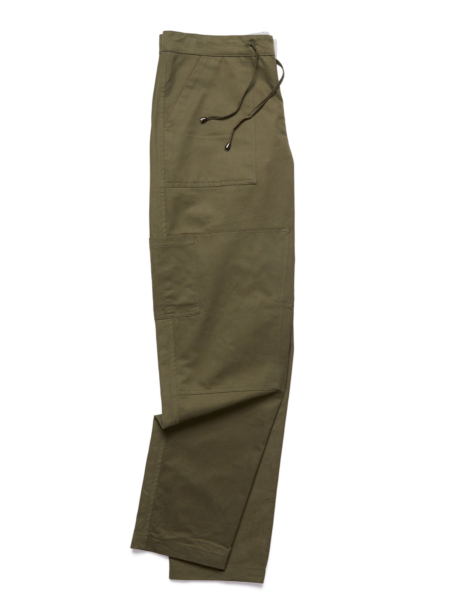 Lovat Green Utility Trousers in cotton twill, flat lay/still life showing full length, drawstring waist, and utility pockets