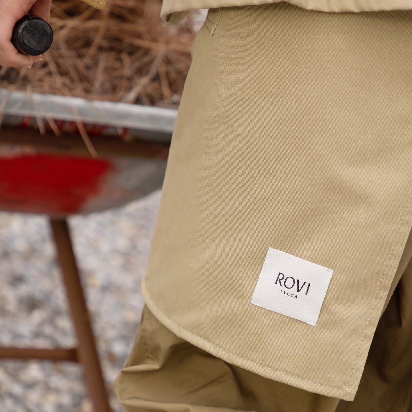 Garden Apron in Beige Cotton Twill with Utility Pocket and Woven Tie