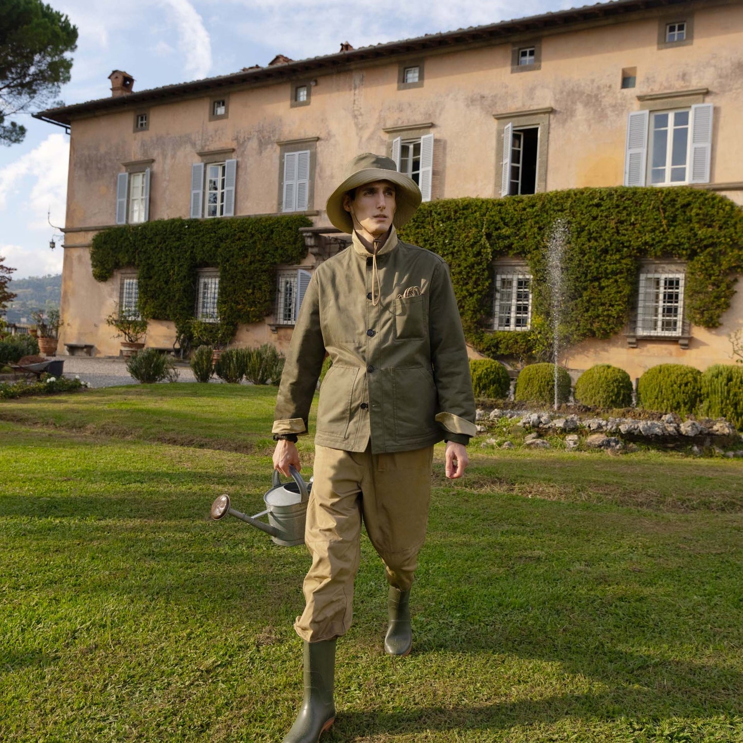 Unlined Garden Jacket in Green and Beige Cotton Twill