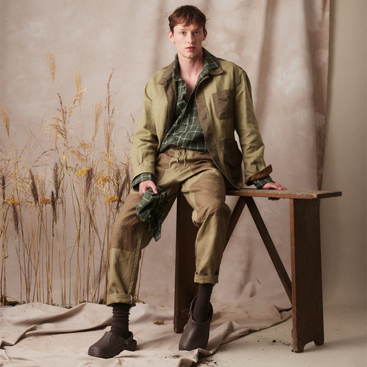 Garden Jacket in Verde Linen Canvas and Cotton Twill with Utility Pockets and Drawstring Waist