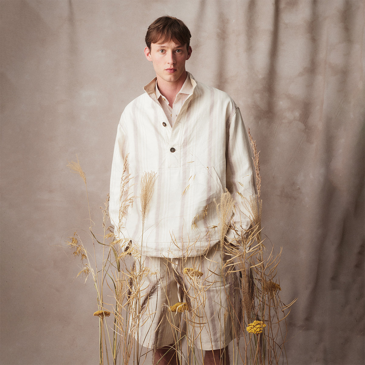 Striped Anorak in Cotton and Linen with Utility Pocket and Drawstring Waist