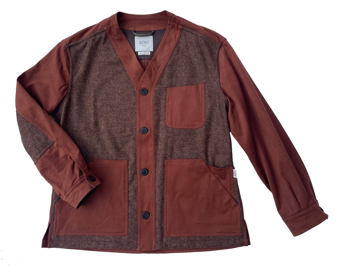 Collarless Jacket in Nutmeg, Spruce, and Brown in 97% Cotton Drill & 100% Shetland Wool