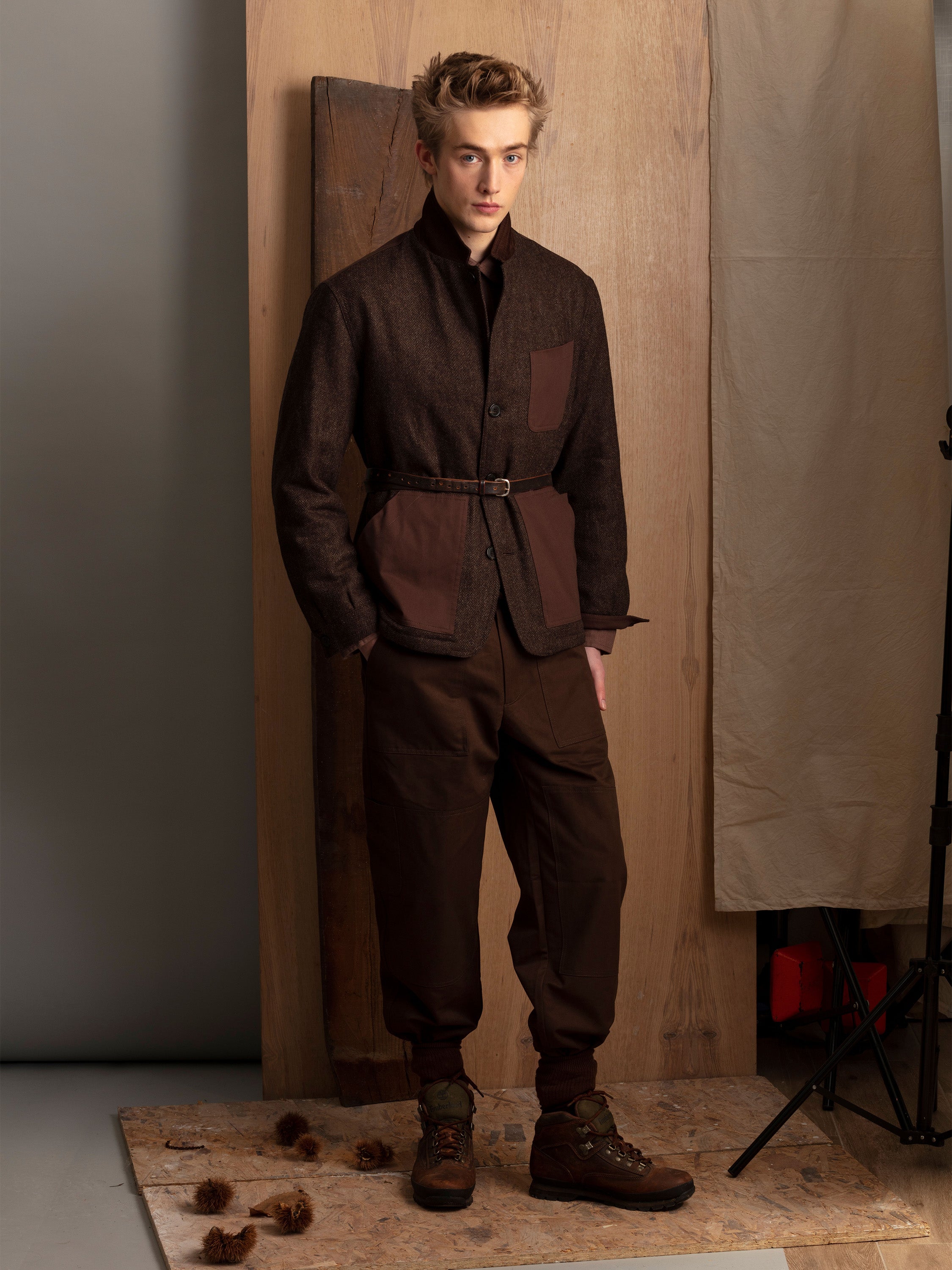 Quilted Patch Blazer in Spruce Brown Wool Chevron and Cotton Twill