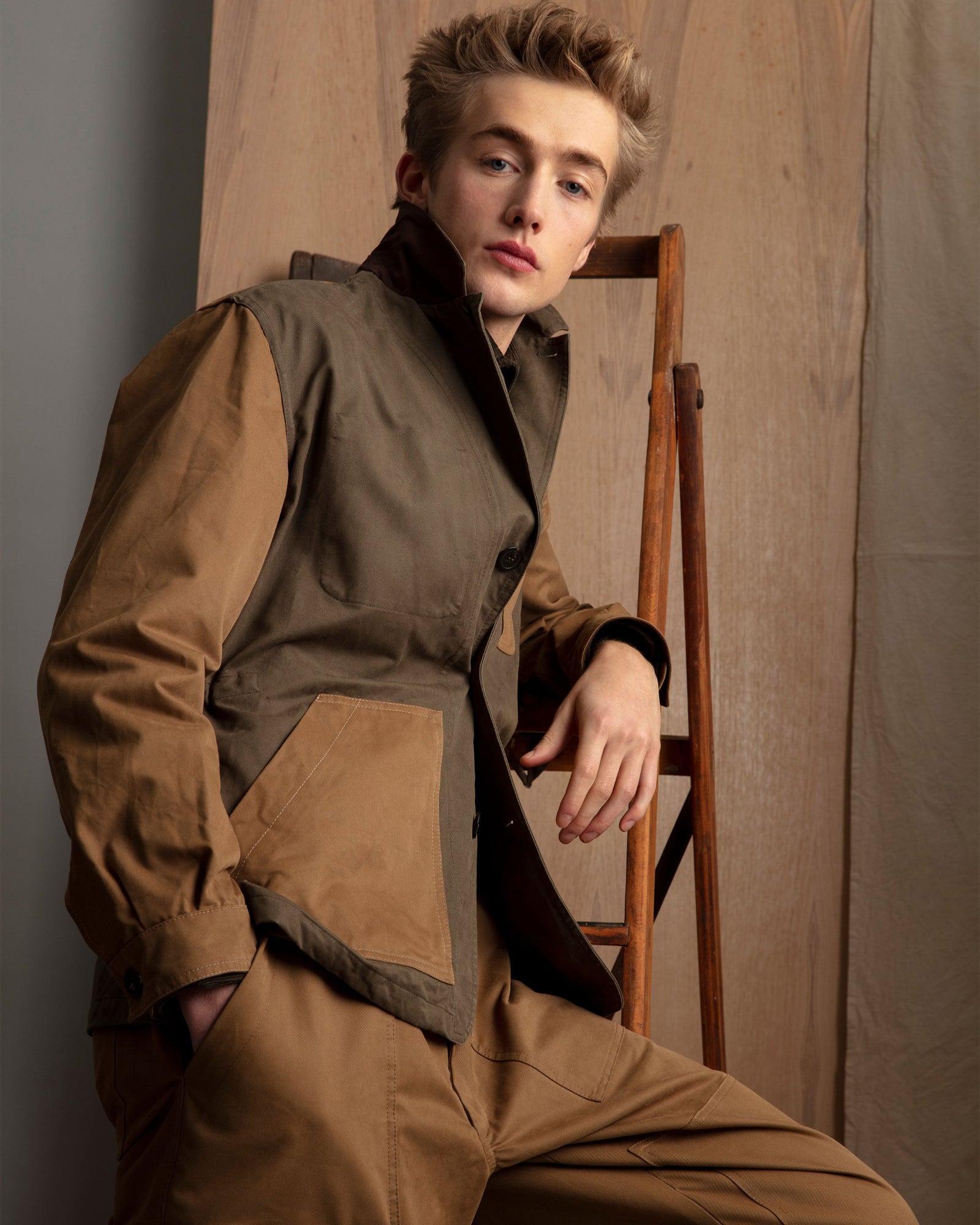 Patch Garden Blazer in lovat green, drab, and deep brown cotton twill, made-to-order in Tuscany