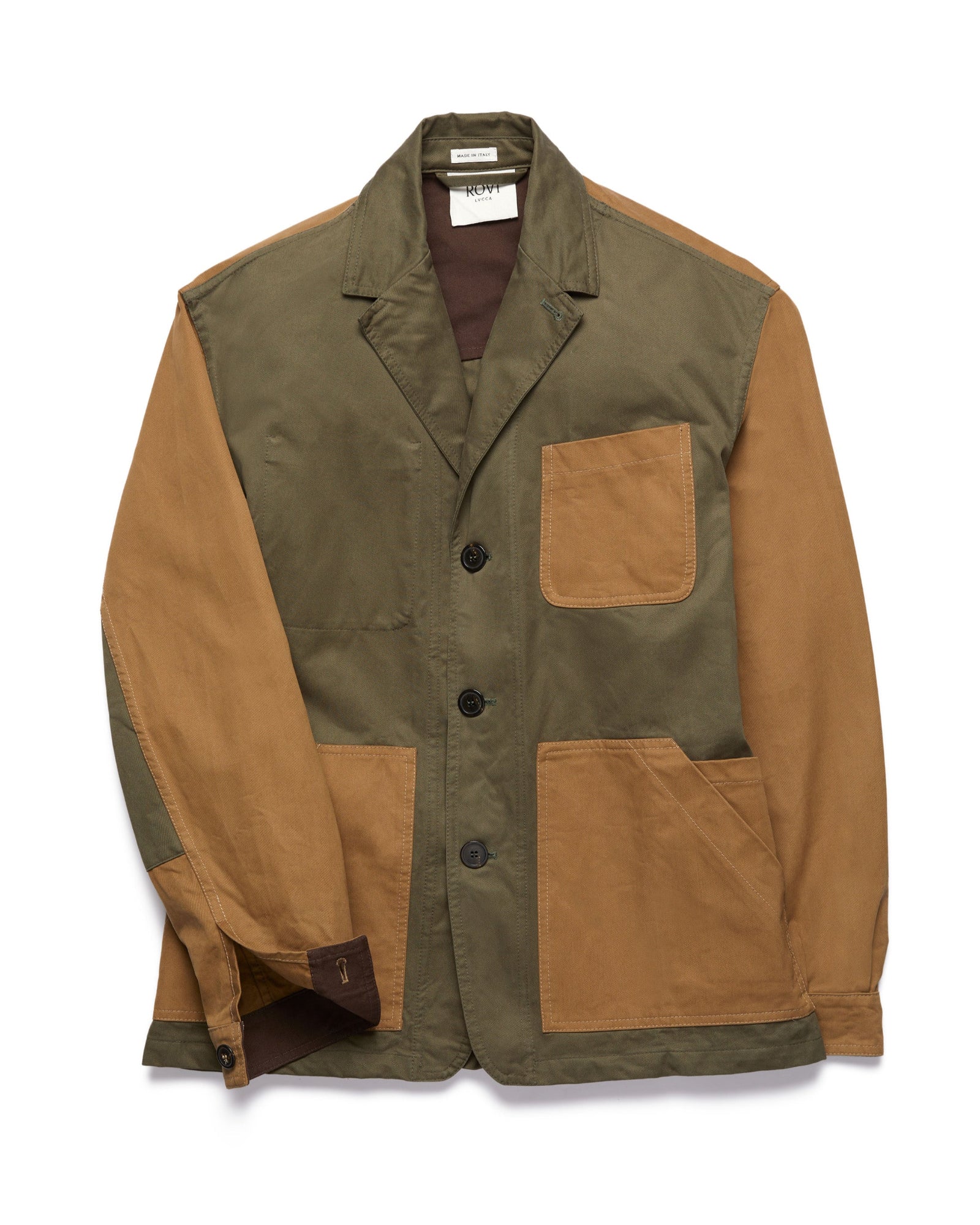 Front view of the Patch Garden Blazer in lovat green, drab, and deep brown cotton twill, showing unlined construction, drawstring waist, and utility pockets.